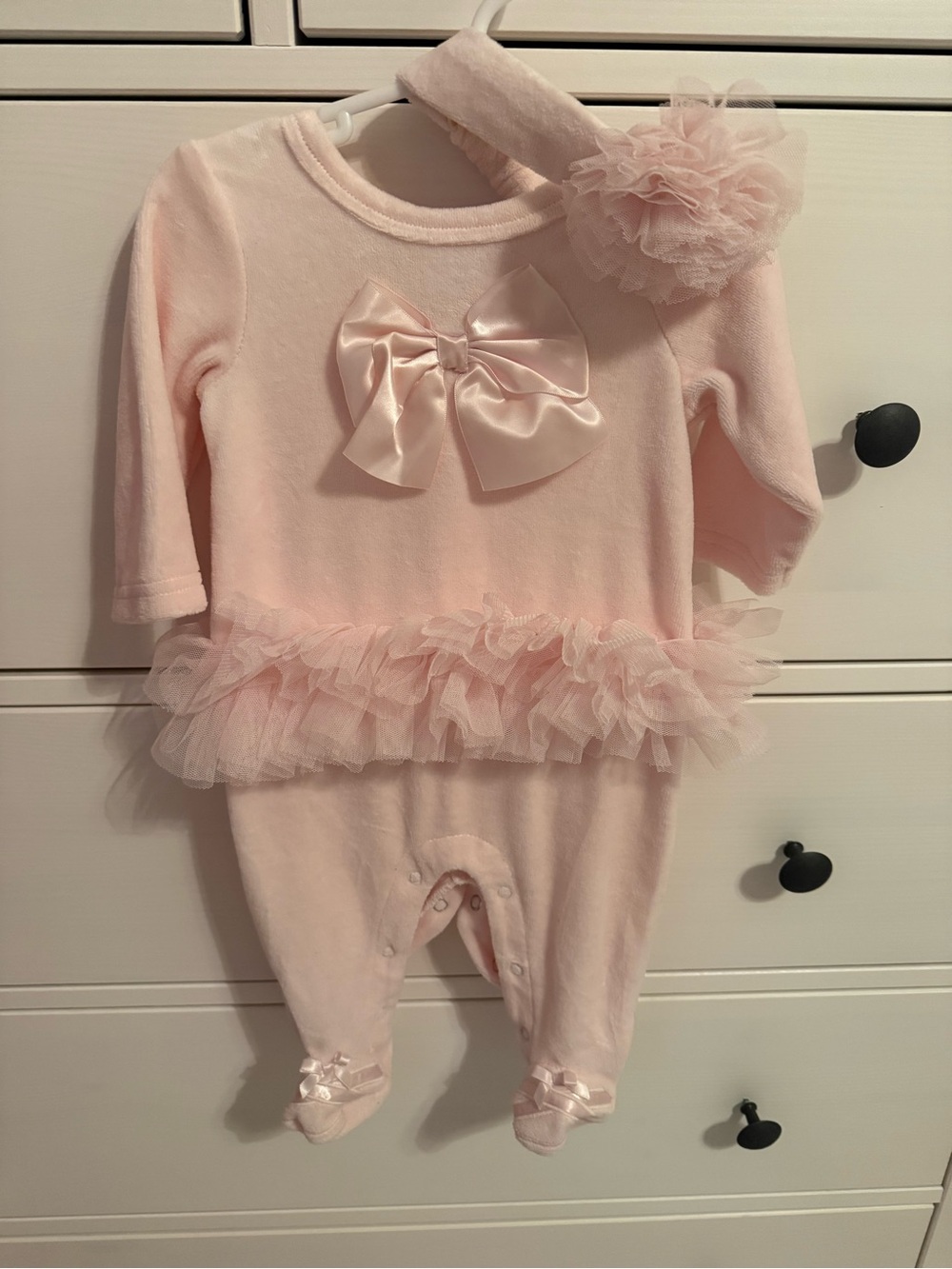 First Impressions Light Pink Bow & Tulle Footie with Headband